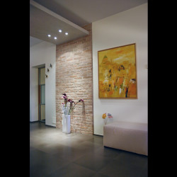 Casa B04 Foto del soggiorno. Particolare della parete decorativa in mattoni di laterizio di recupero.